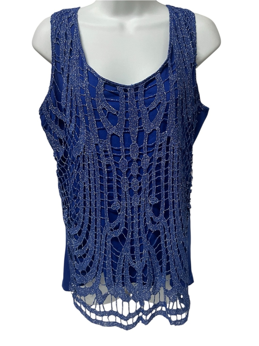 Crochet Overlay Sleeveless Top - Blue Tank XL